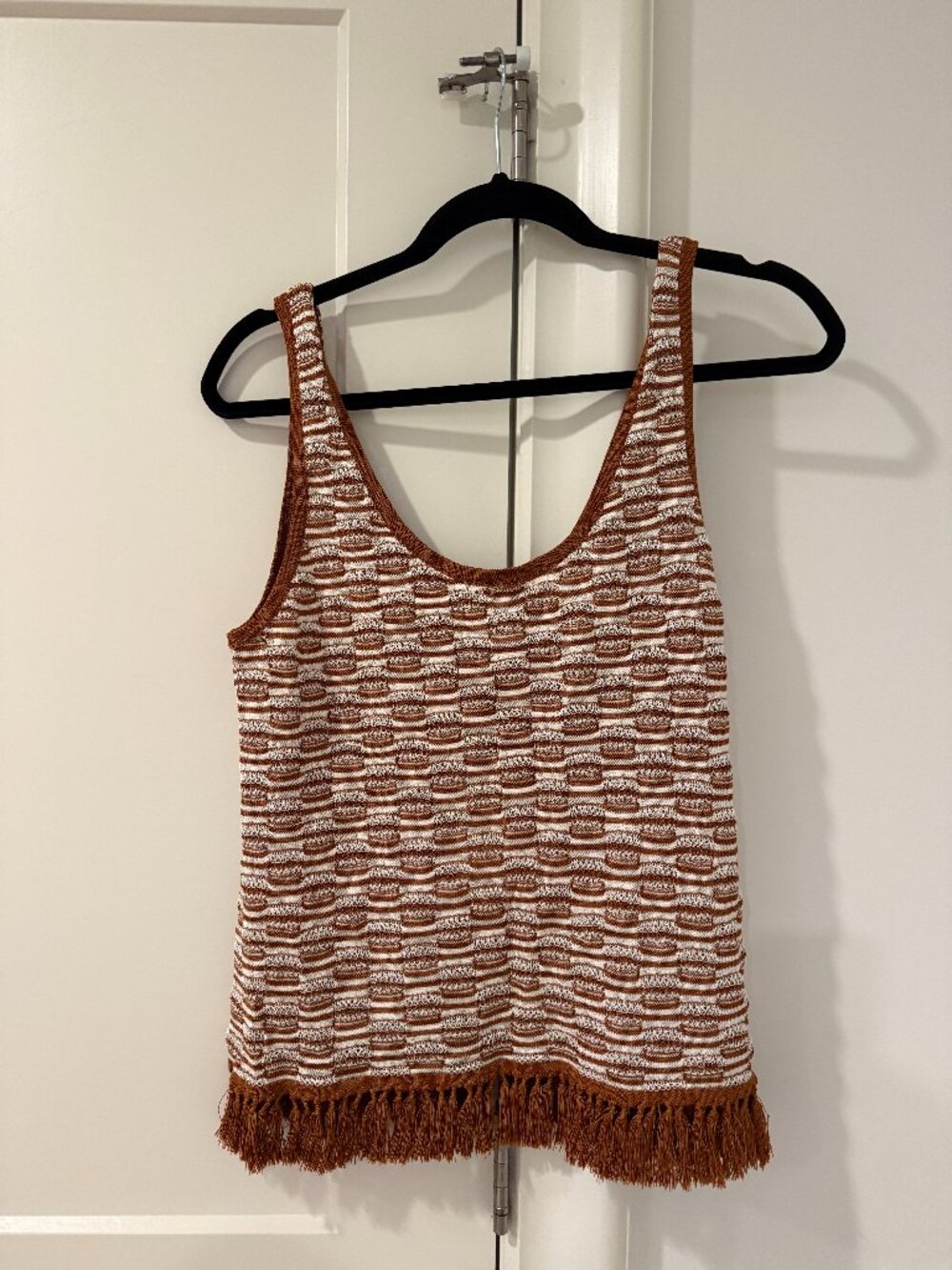 Minnie Rose Textured Stripe Knit Fringe Tank Brown Cream Size L NWT